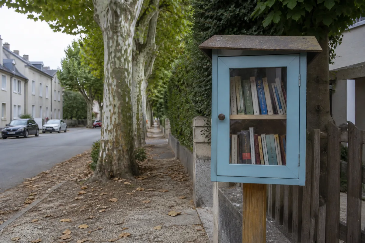 Cabane à livres en bois installée sur un trottoir bordé d&rsquo;arbres