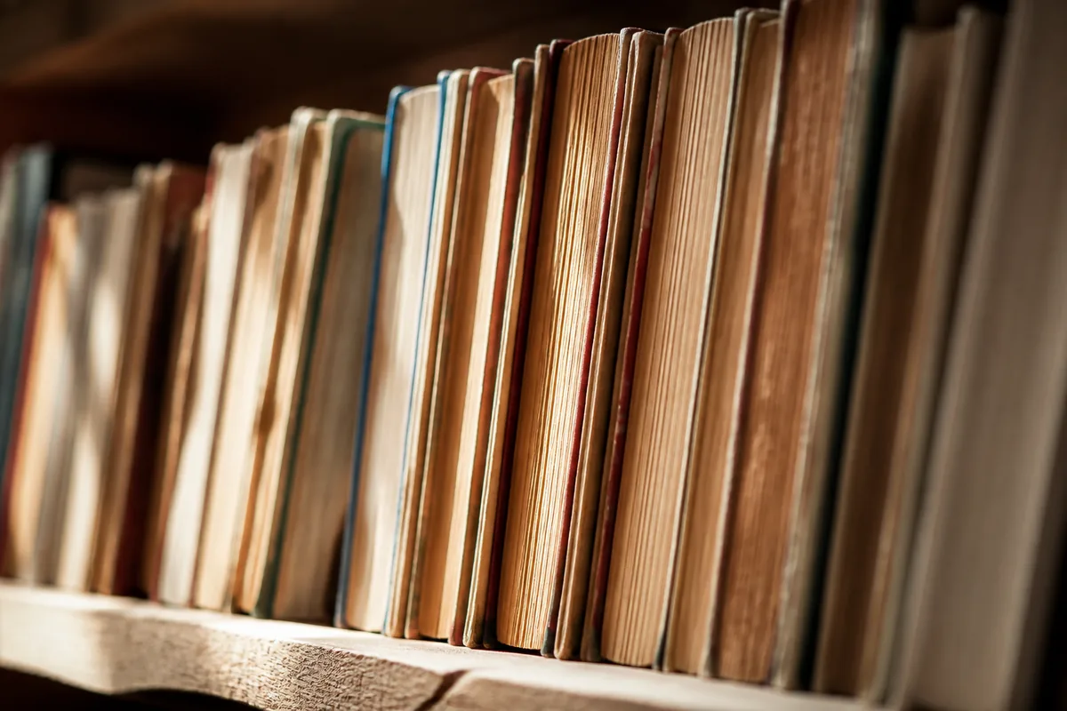 Rangée de livres serrés vus de face, tranches colorées en gros plan