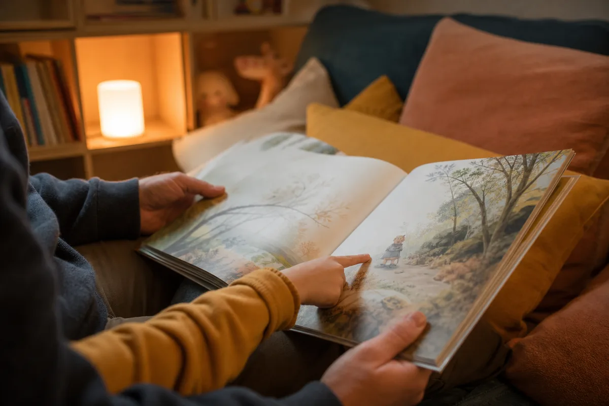 Parent et enfant lisant un album illustré ensemble dans un coin lecture chaleureux