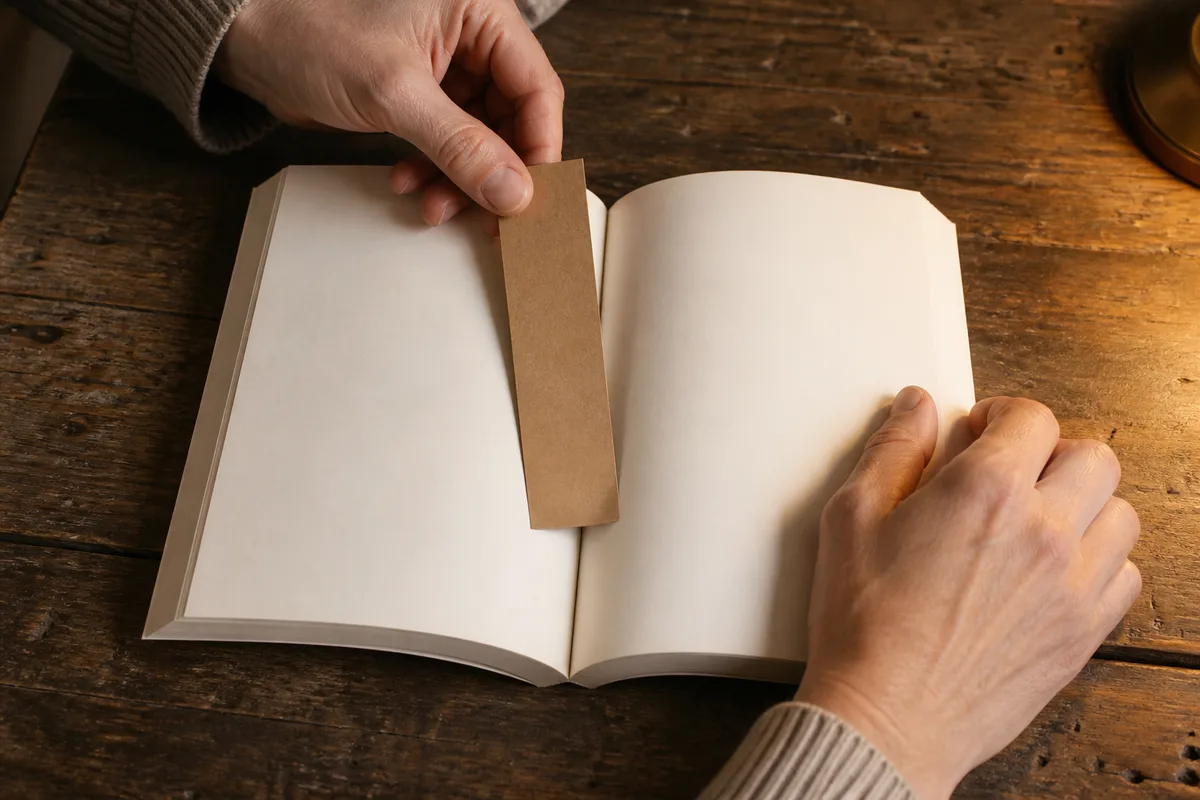 Marque-page glissé dans un roman broché ouvert