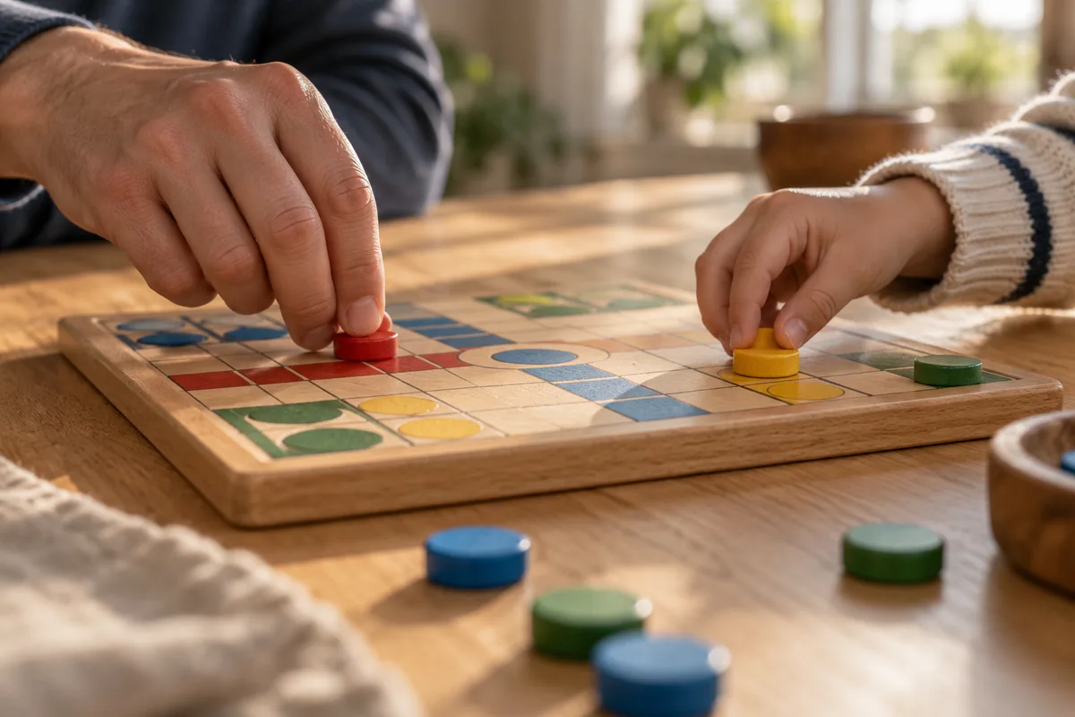 Mains d&rsquo;adulte et d&rsquo;enfant posant des jetons de couleur sur un plateau de jeu en bois