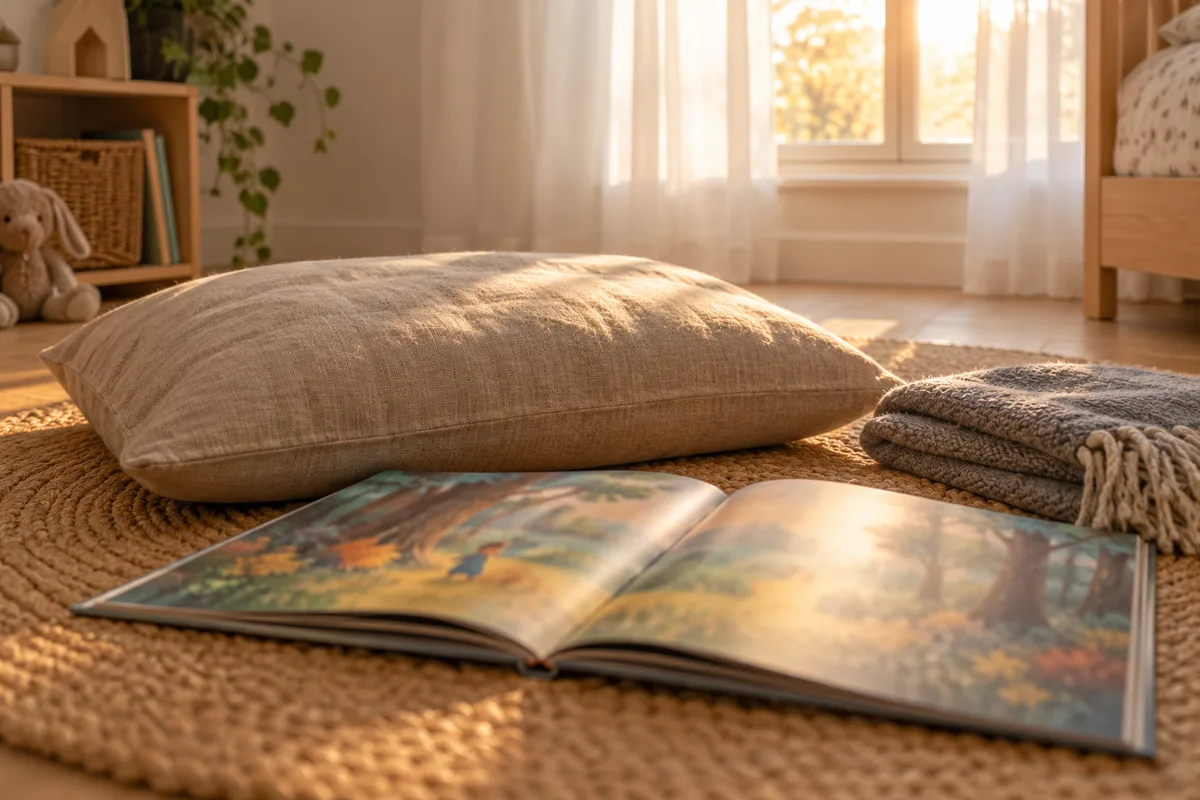 Coin lecture près d&rsquo;une fenêtre avec un coussin et un album ouvert posé à plat