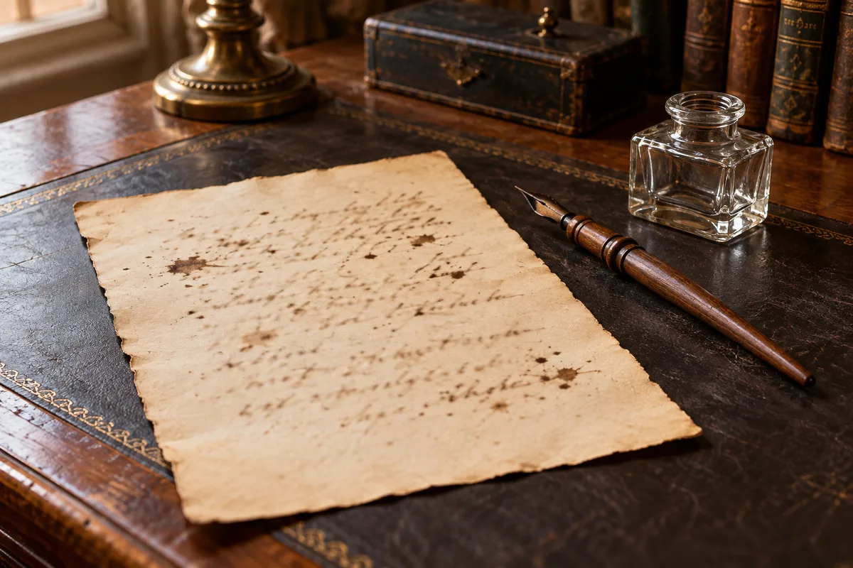 Page manuscrite ancienne à l&rsquo;encre brune posée près d&rsquo;un porte-plume et d&rsquo;un encrier vide