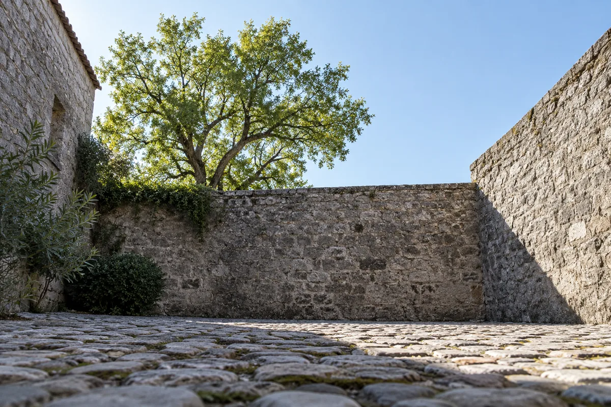 Vieil arbre isolé vu depuis une cour fermée en pierre, ciel bleu très clair au-dessus du mur