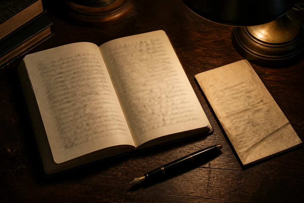 Recueil de poèmes ouvert près d&rsquo;une lettre manuscrite ancienne et d&rsquo;un stylo