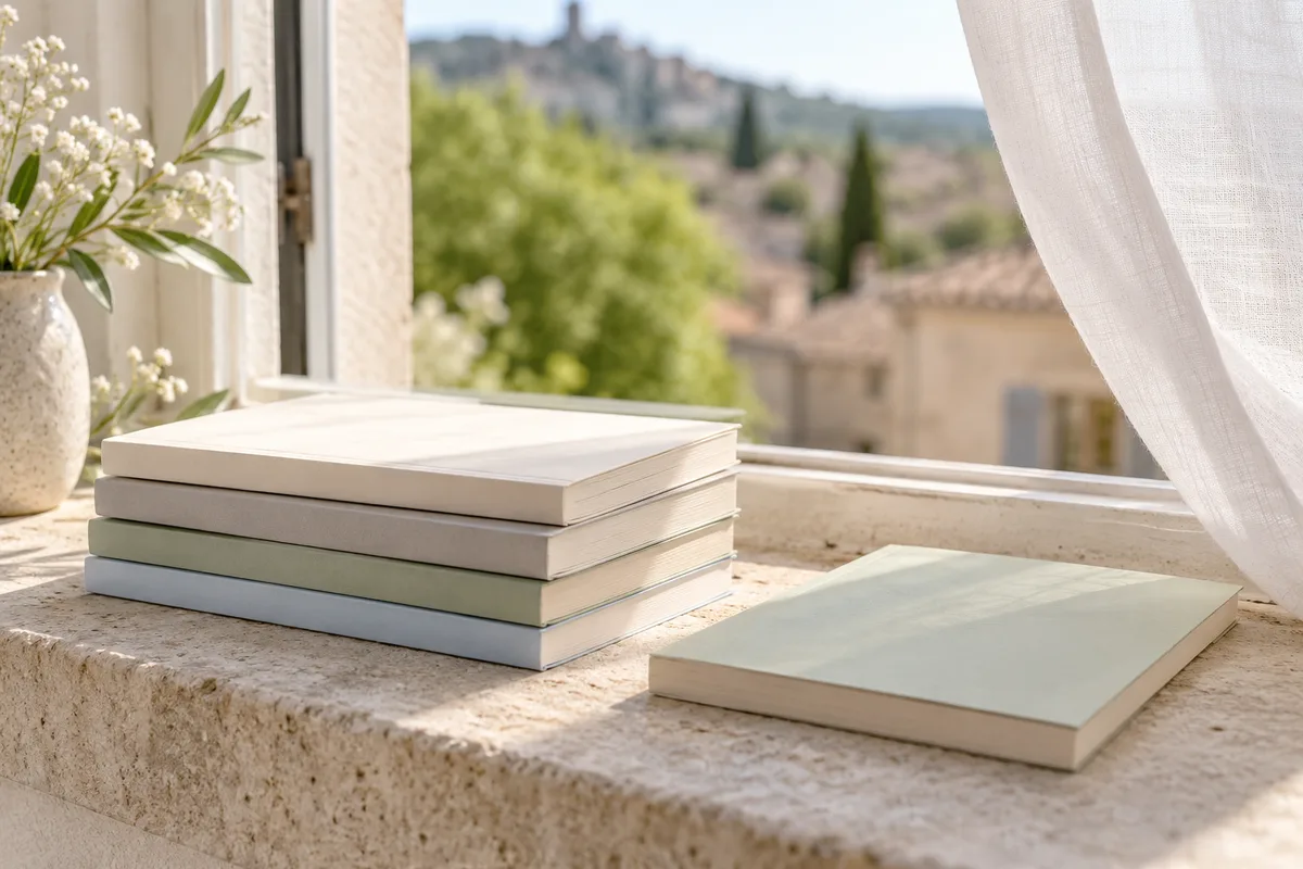 Recueils de poésie minces aux couvertures unies posés sur un rebord de fenêtre