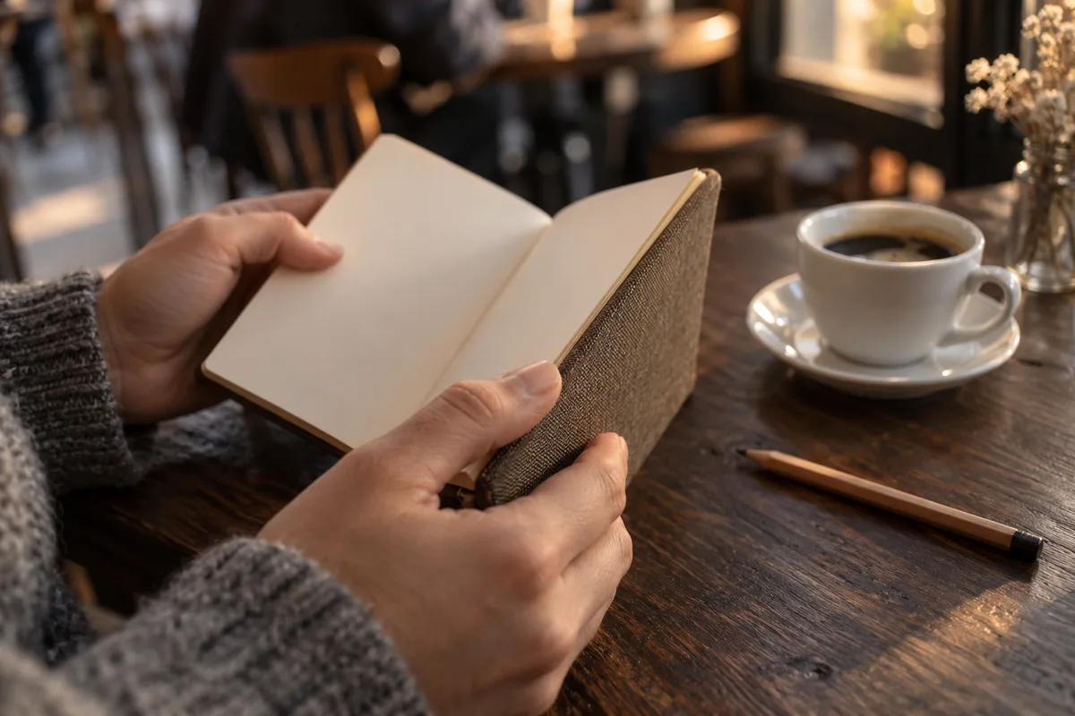 Mains tenant un carnet ouvert aux pages floues sur une table de café
