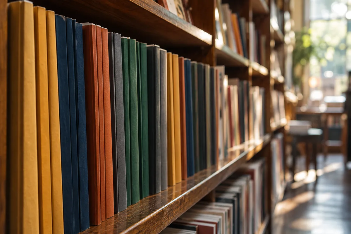 Rayonnage de revues de poésie aux dos unis vu de biais dans une librairie