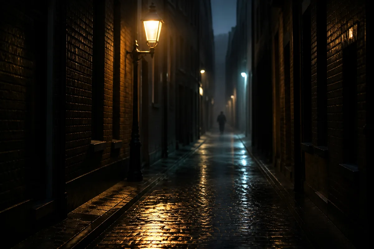 Ruelle urbaine pavée luisante de pluie sous un réverbère la nuit