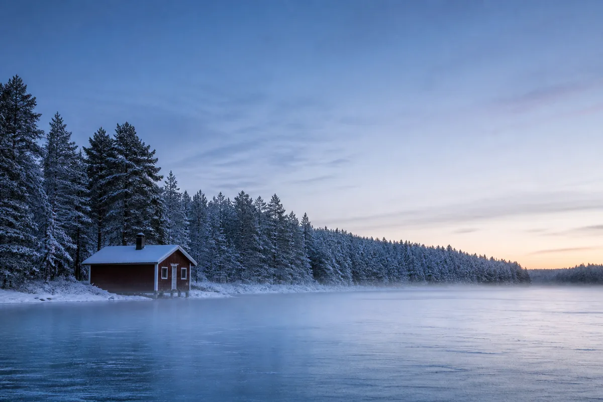 Maison de bois isolée au bord d&rsquo;un lac gelé sous une brume basse