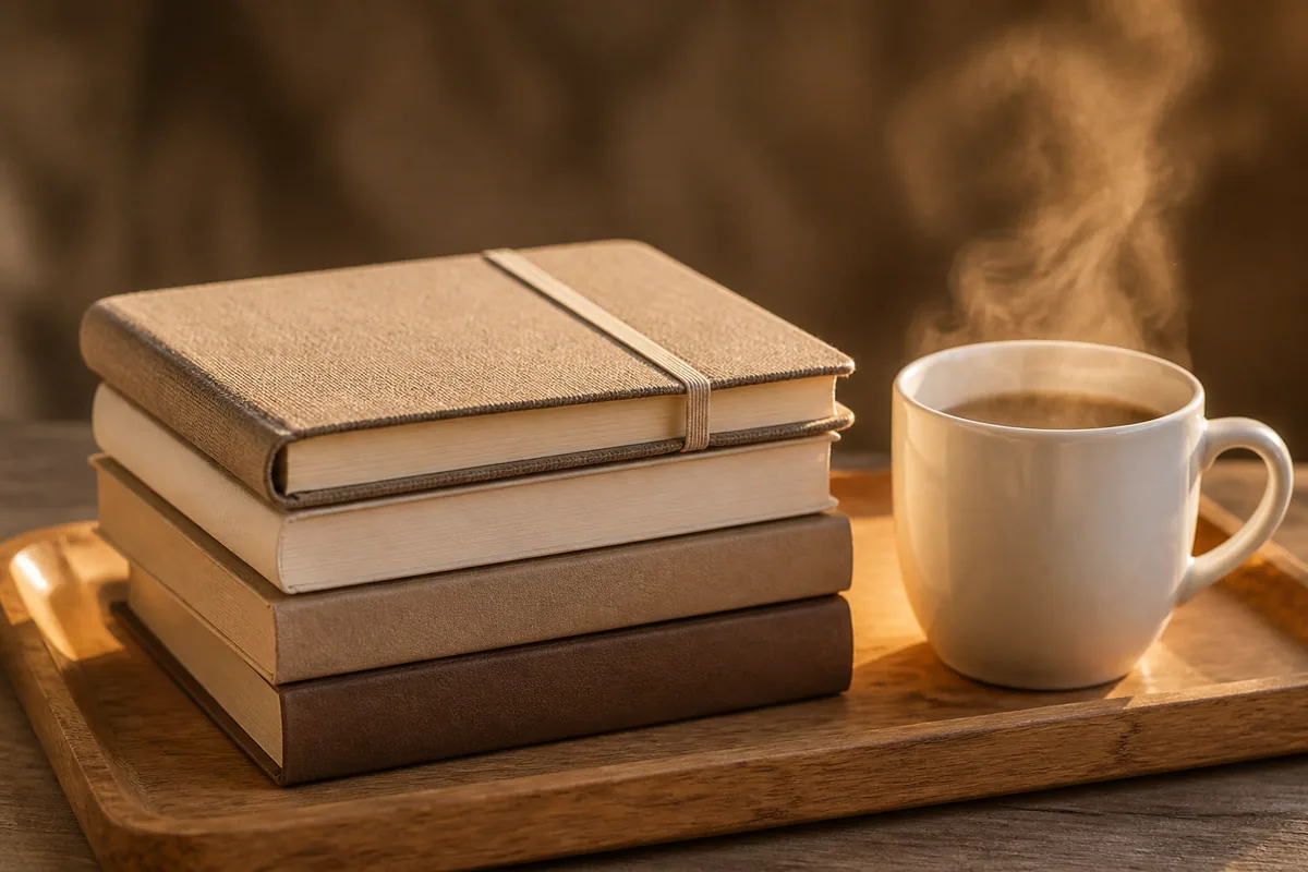 Carnet fermé posé sur une pile de romans, près d&rsquo;une tasse, lumière de fin d&rsquo;après-midi