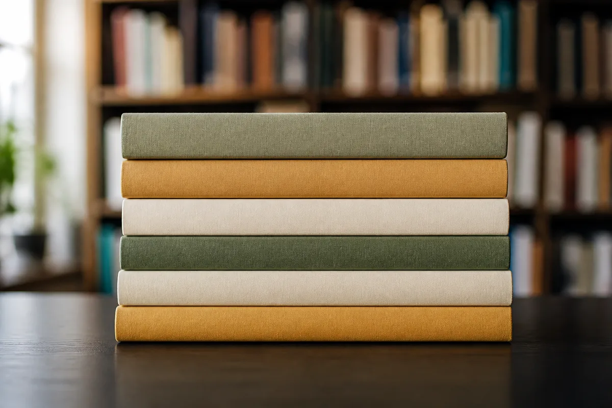 Pile de livres vue de côté sur un bureau, bibliothèque en arrière-plan flou, lumière naturelle